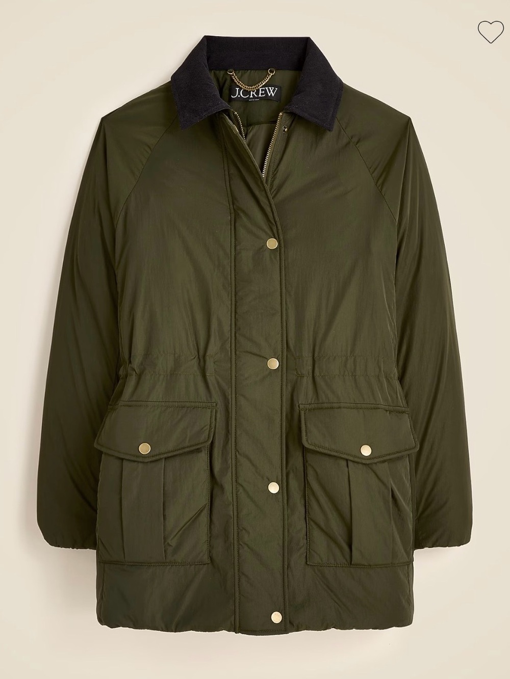 NEW J. Crew Green Puffer Barn PrimaLoft Zip Corduroy Jacket Coat XS Extra Small